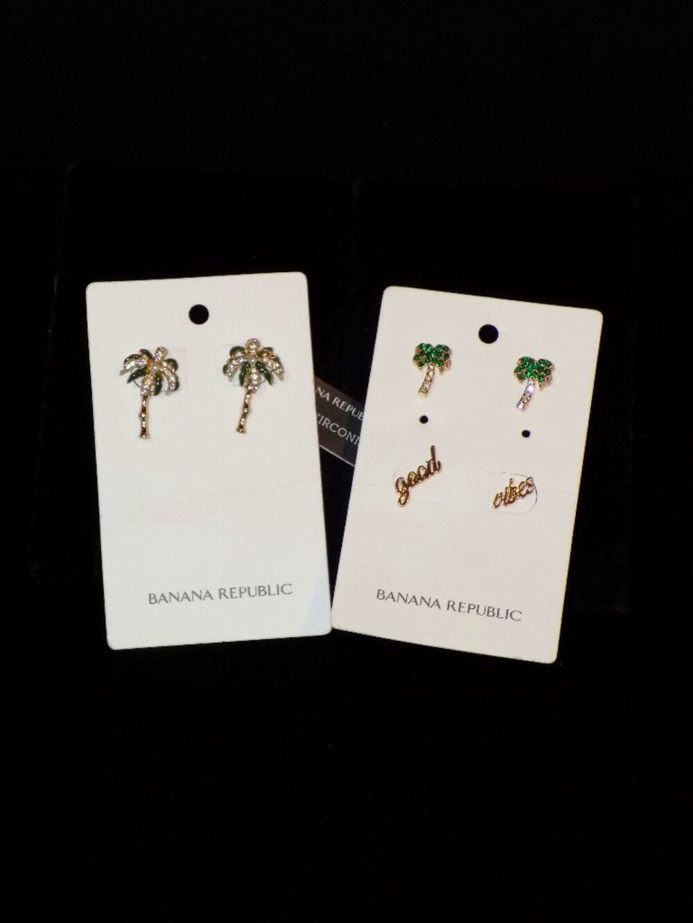 New 3 Pairs Banana Republic CZ Palm Tree & Good Vibes Stud Earrings Bundle